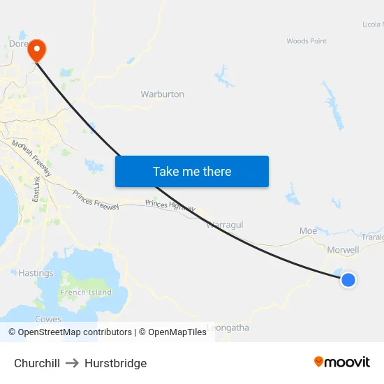 Churchill to Hurstbridge map