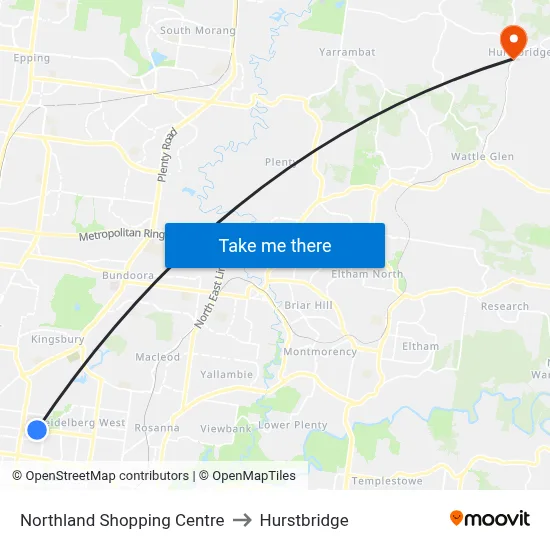 Northland Shopping Centre to Hurstbridge map
