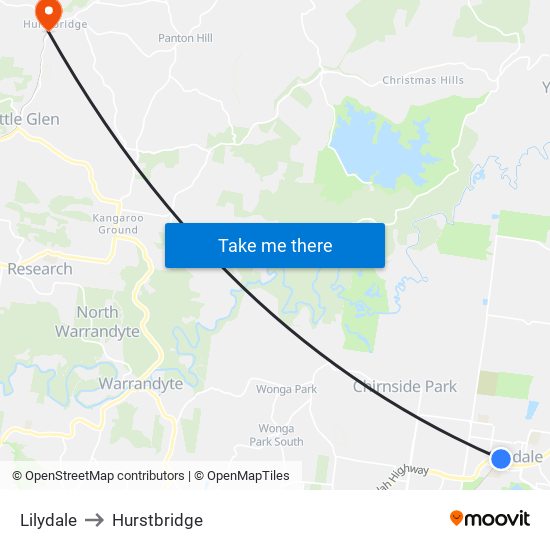 Lilydale to Hurstbridge map