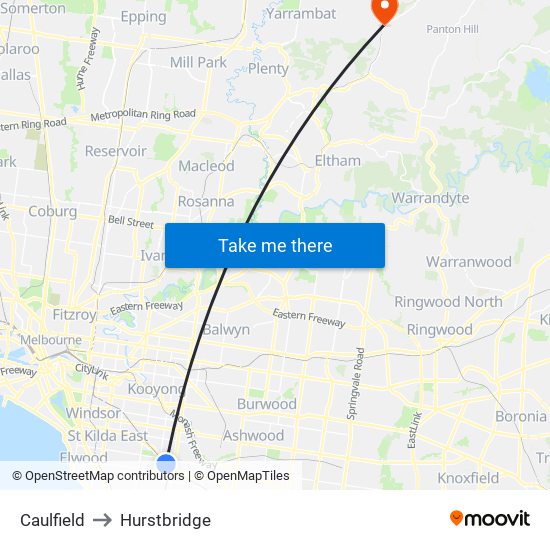 Caulfield to Hurstbridge map