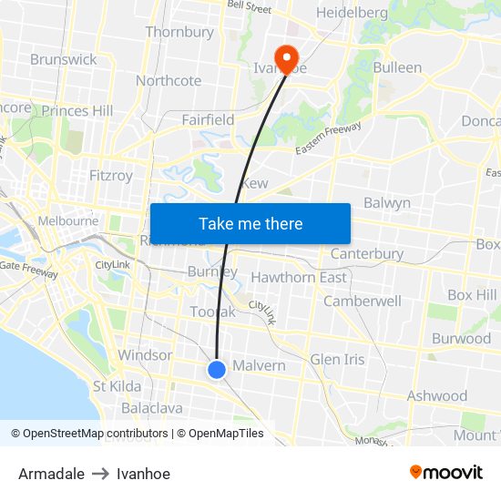 Armadale to Ivanhoe map