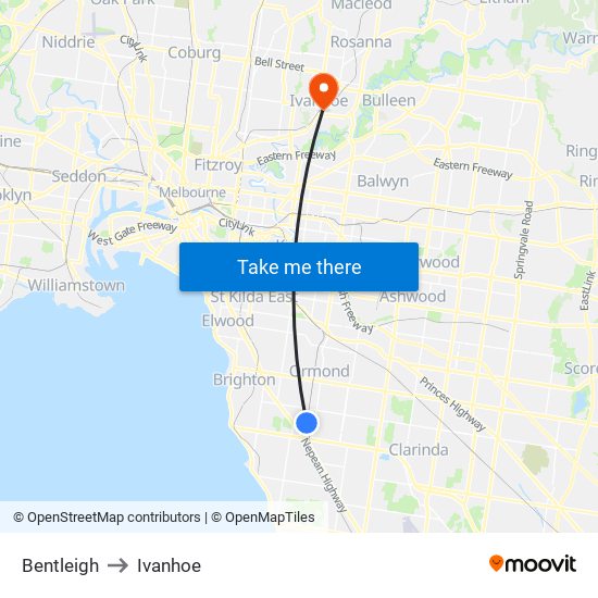 Bentleigh to Ivanhoe map