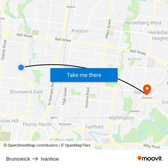 Brunswick to Ivanhoe map