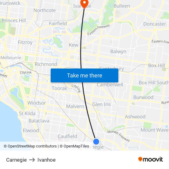 Carnegie to Ivanhoe map