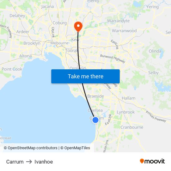 Carrum to Ivanhoe map