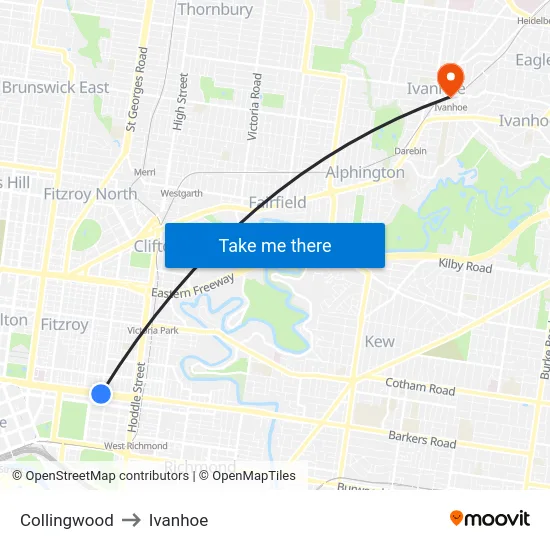 Collingwood to Ivanhoe map