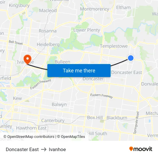 Doncaster East to Ivanhoe map