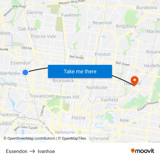 Essendon to Ivanhoe map