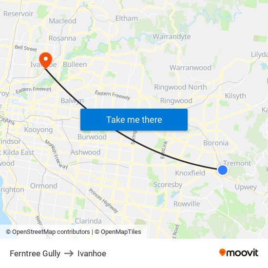 Ferntree Gully to Ivanhoe map