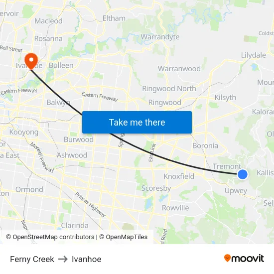 Ferny Creek to Ivanhoe map