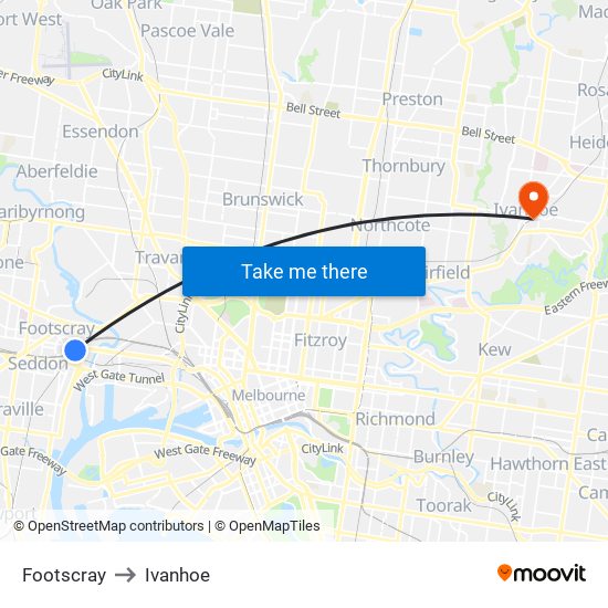 Footscray to Ivanhoe map