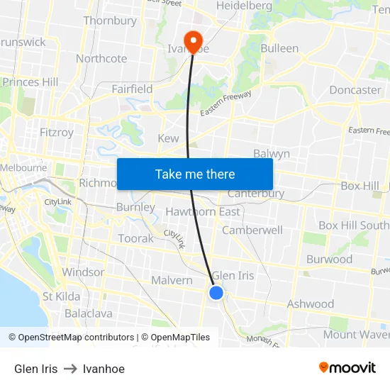 Glen Iris to Ivanhoe map