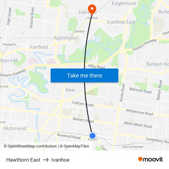 Hawthorn East to Ivanhoe map