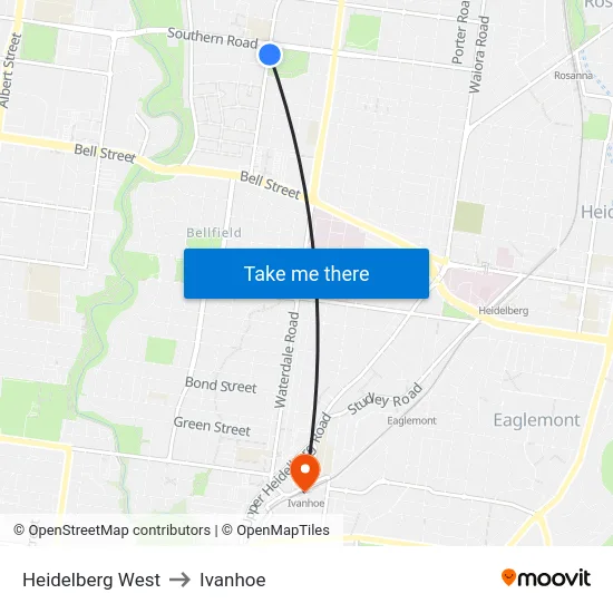 Heidelberg West to Ivanhoe map