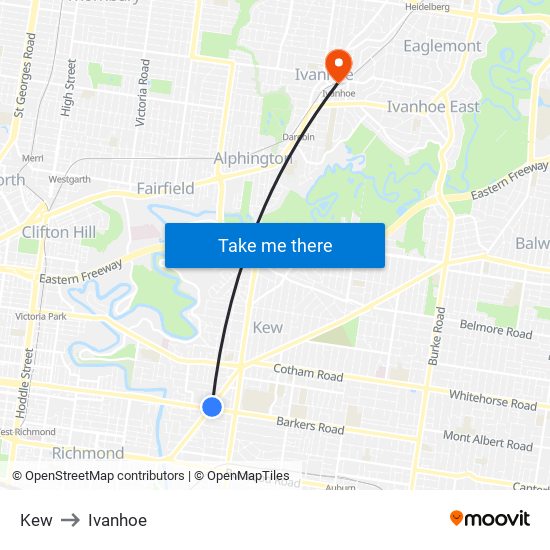 Kew to Ivanhoe map