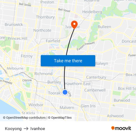 Kooyong to Ivanhoe map