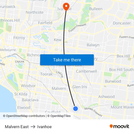 Malvern East to Ivanhoe map