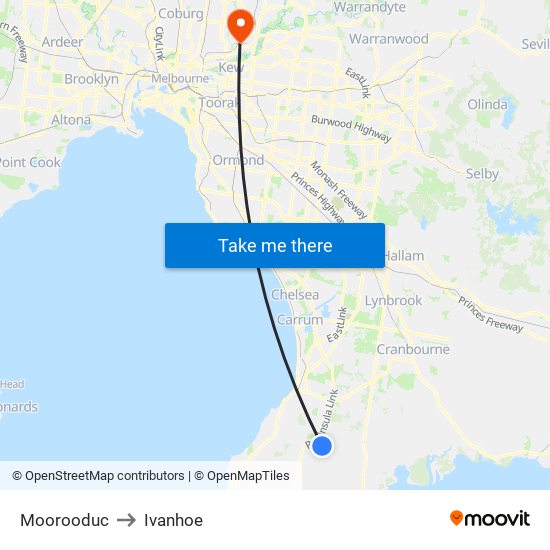 Moorooduc to Ivanhoe map