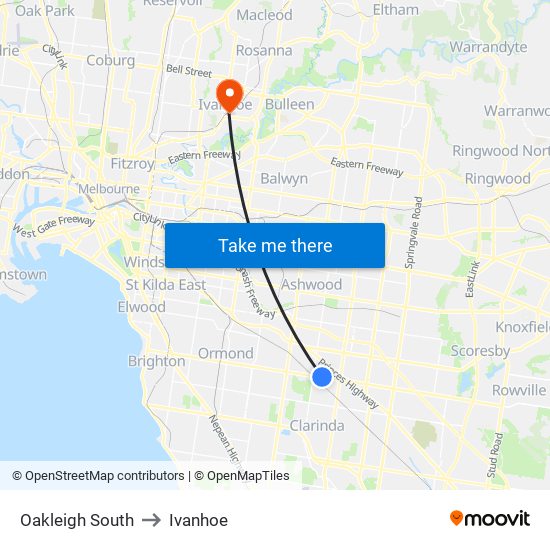 Oakleigh South to Ivanhoe map