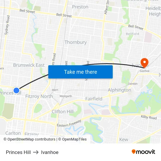 Princes Hill to Ivanhoe map