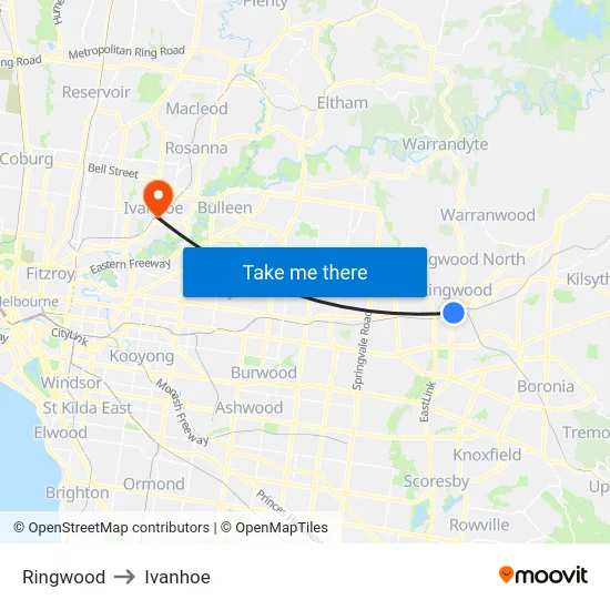 Ringwood to Ivanhoe map