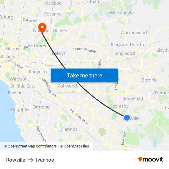 Rowville to Ivanhoe map