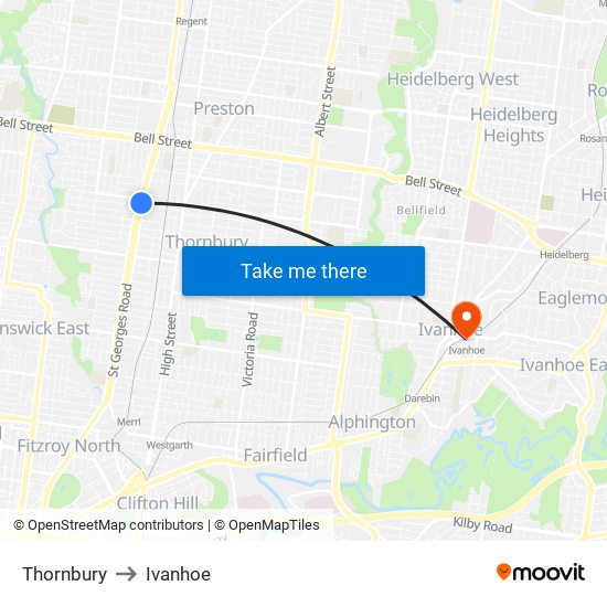 Thornbury to Ivanhoe map