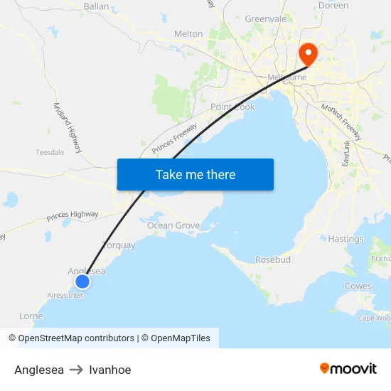 Anglesea to Ivanhoe map