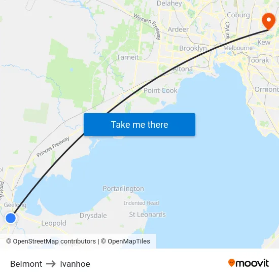 Belmont to Ivanhoe map