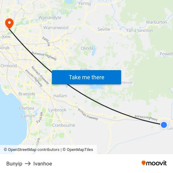 Bunyip to Ivanhoe map