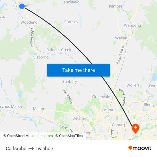 Carlsruhe to Ivanhoe map