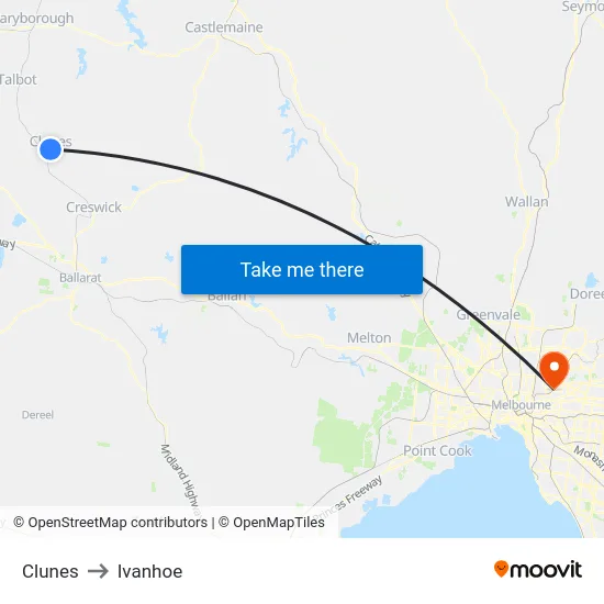 Clunes to Ivanhoe map