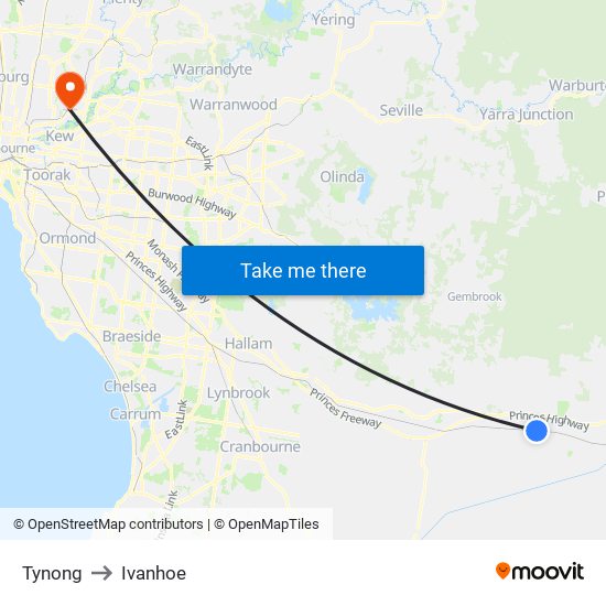 Tynong to Ivanhoe map