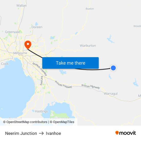 Neerim Junction to Ivanhoe map