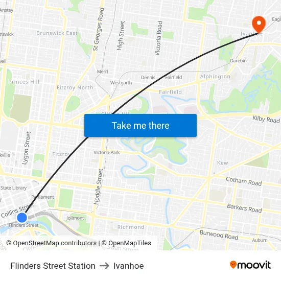 Flinders Street Station to Ivanhoe map