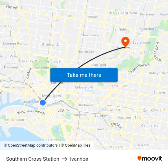 Southern Cross Station to Ivanhoe map