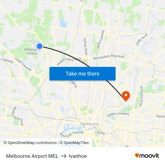 Melbourne Airport MEL to Ivanhoe map