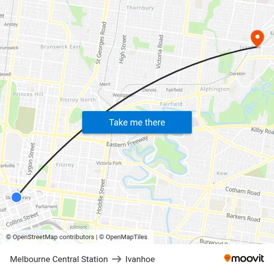 Melbourne Central Station to Ivanhoe map