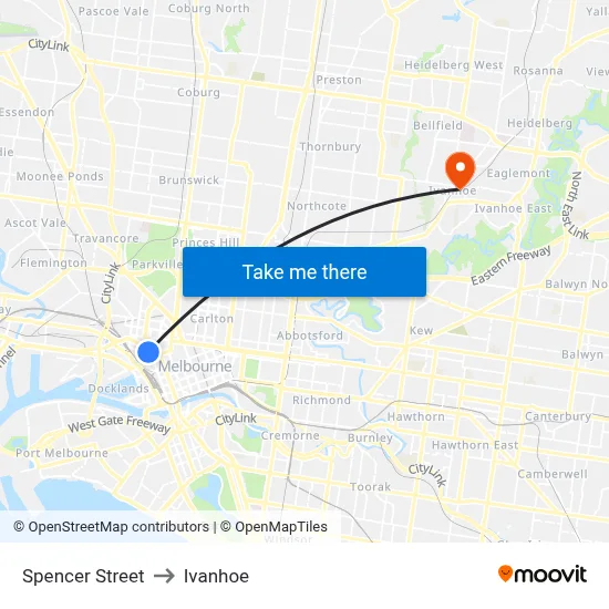 Spencer Street to Ivanhoe map