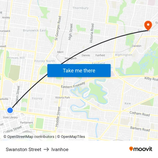 Swanston Street to Ivanhoe map