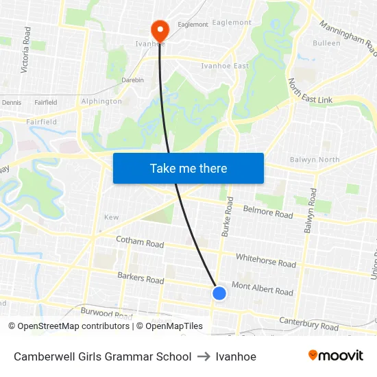 Camberwell Girls Grammar School to Ivanhoe map
