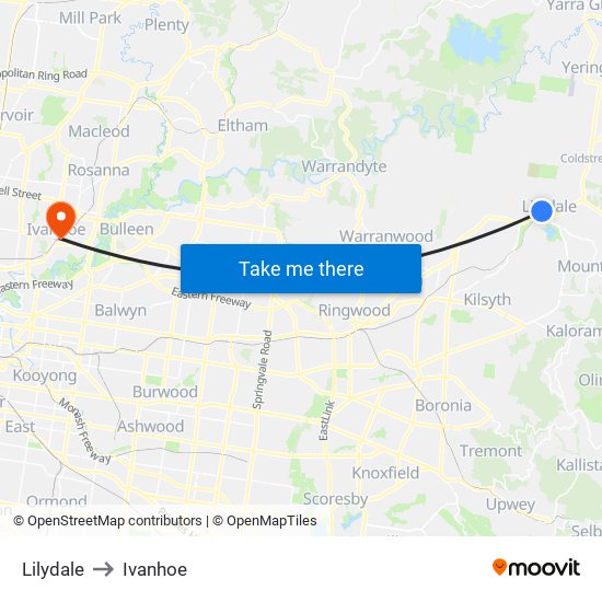 Lilydale to Ivanhoe map