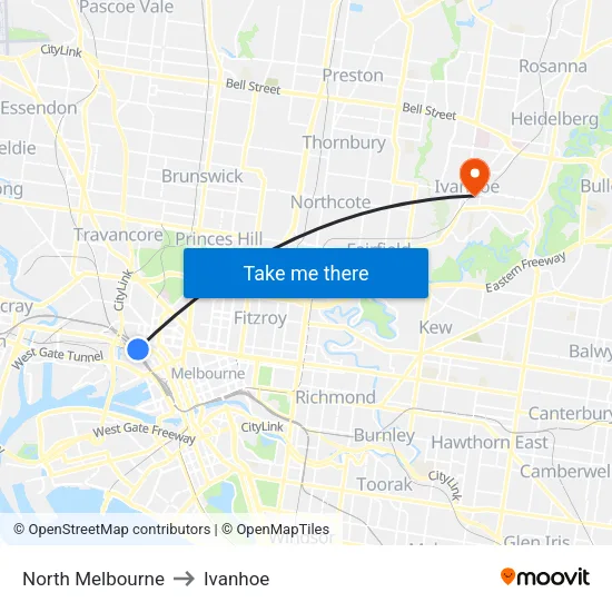North Melbourne to Ivanhoe map
