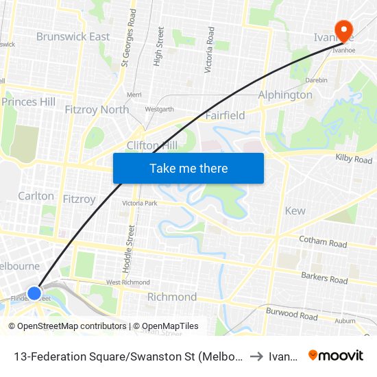 13-Federation Square/Swanston St (Melbourne City) to Ivanhoe map