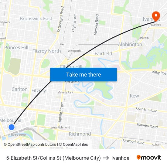 5-Elizabeth St/Collins St (Melbourne City) to Ivanhoe map