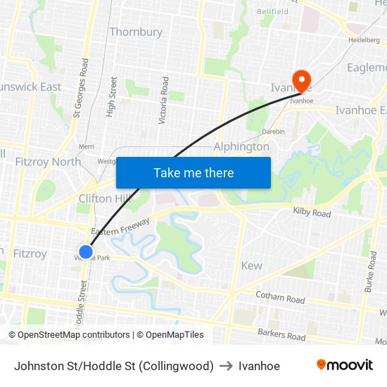 Johnston St/Hoddle St (Collingwood) to Ivanhoe map