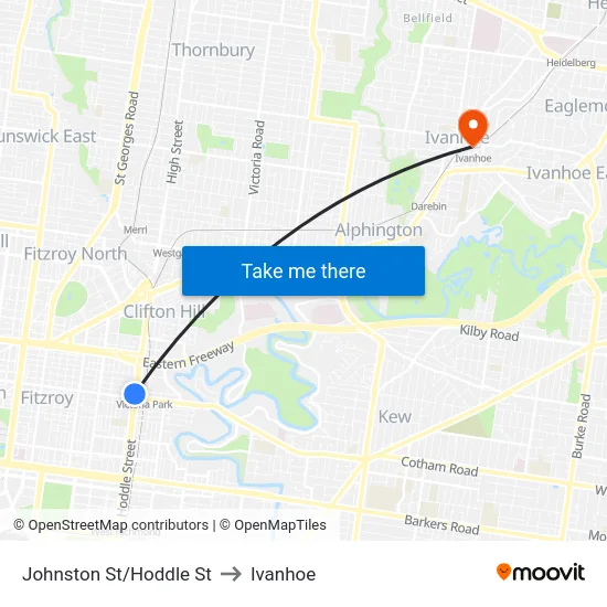 Johnston St/Hoddle St to Ivanhoe map
