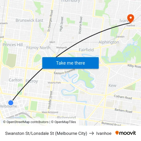 Swanston St/Lonsdale St to Ivanhoe map