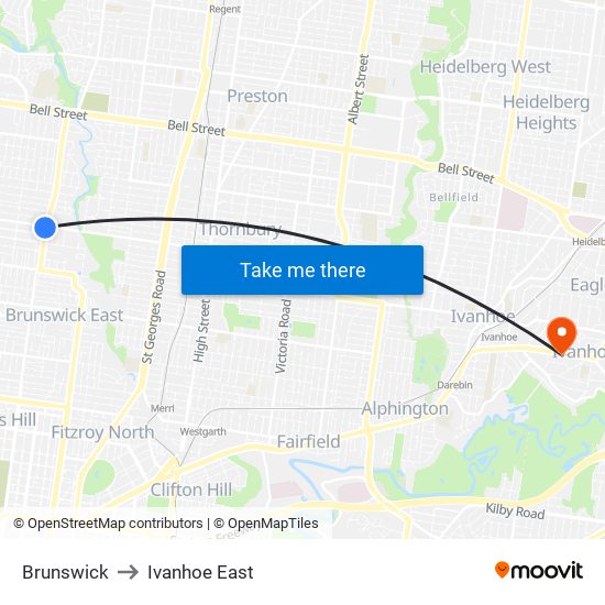 Brunswick to Ivanhoe East map