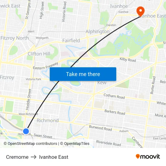 Cremorne to Ivanhoe East map